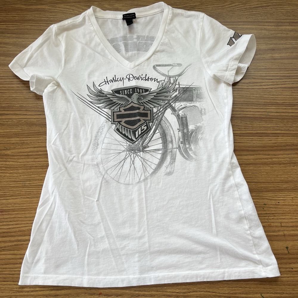 Harley Davidson Shirt Women's Medium White Graphic Bar Shield Wings 115 Leather